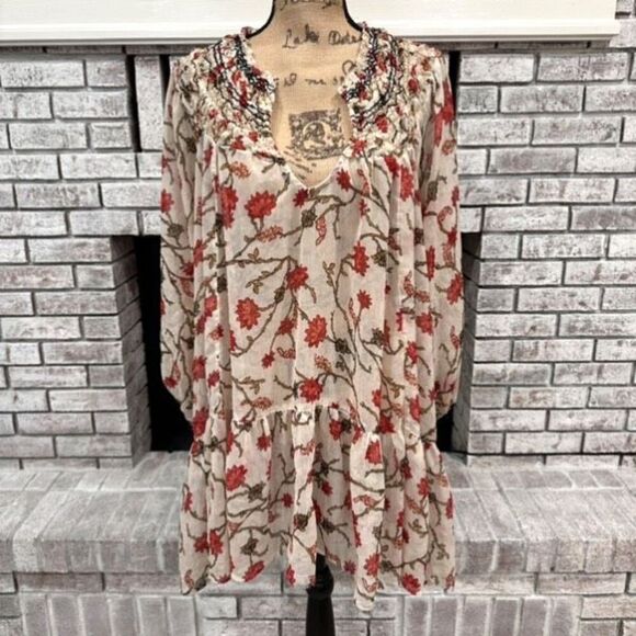 Free People Tops - Free People Women's Keeping Up With Kara Floral Tunic Top Ivory Red Size Medium